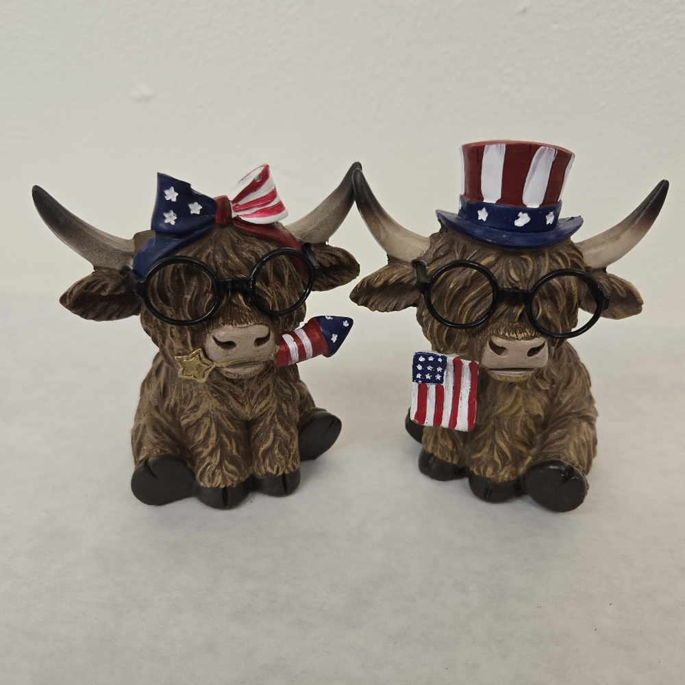 Patriotic Highland Cow Figurines